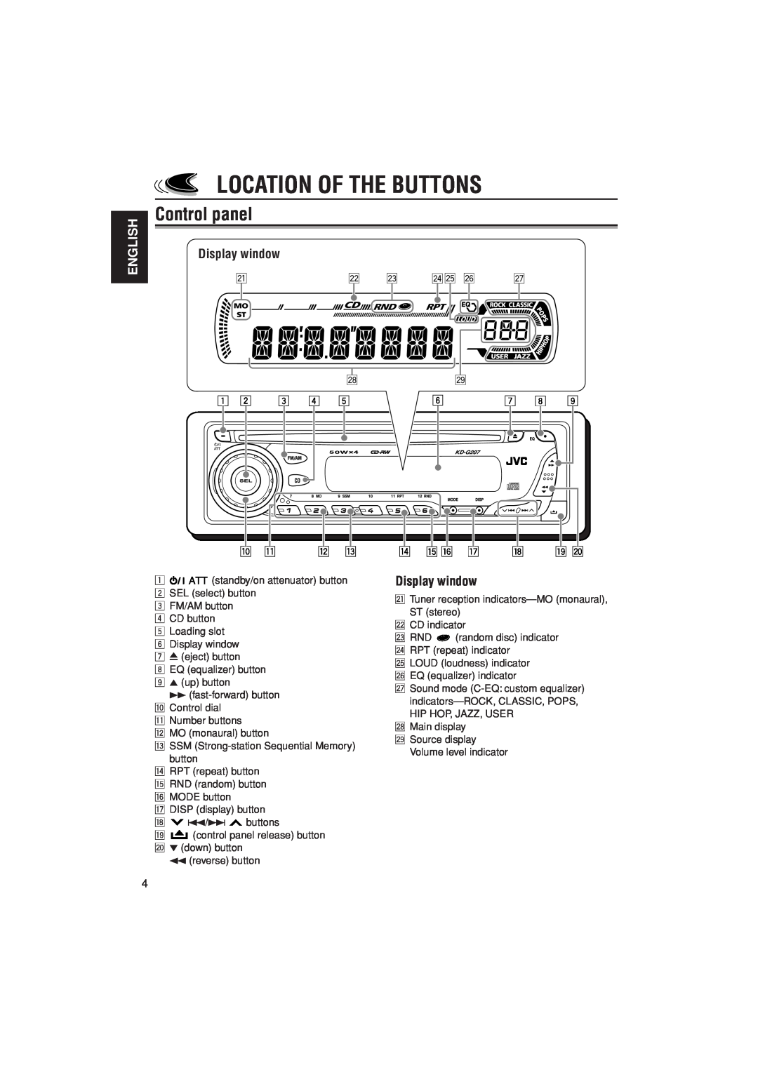 JVC KD-G202, KD-G201 manual Location Of The Buttons, Control panel, English, Display window 