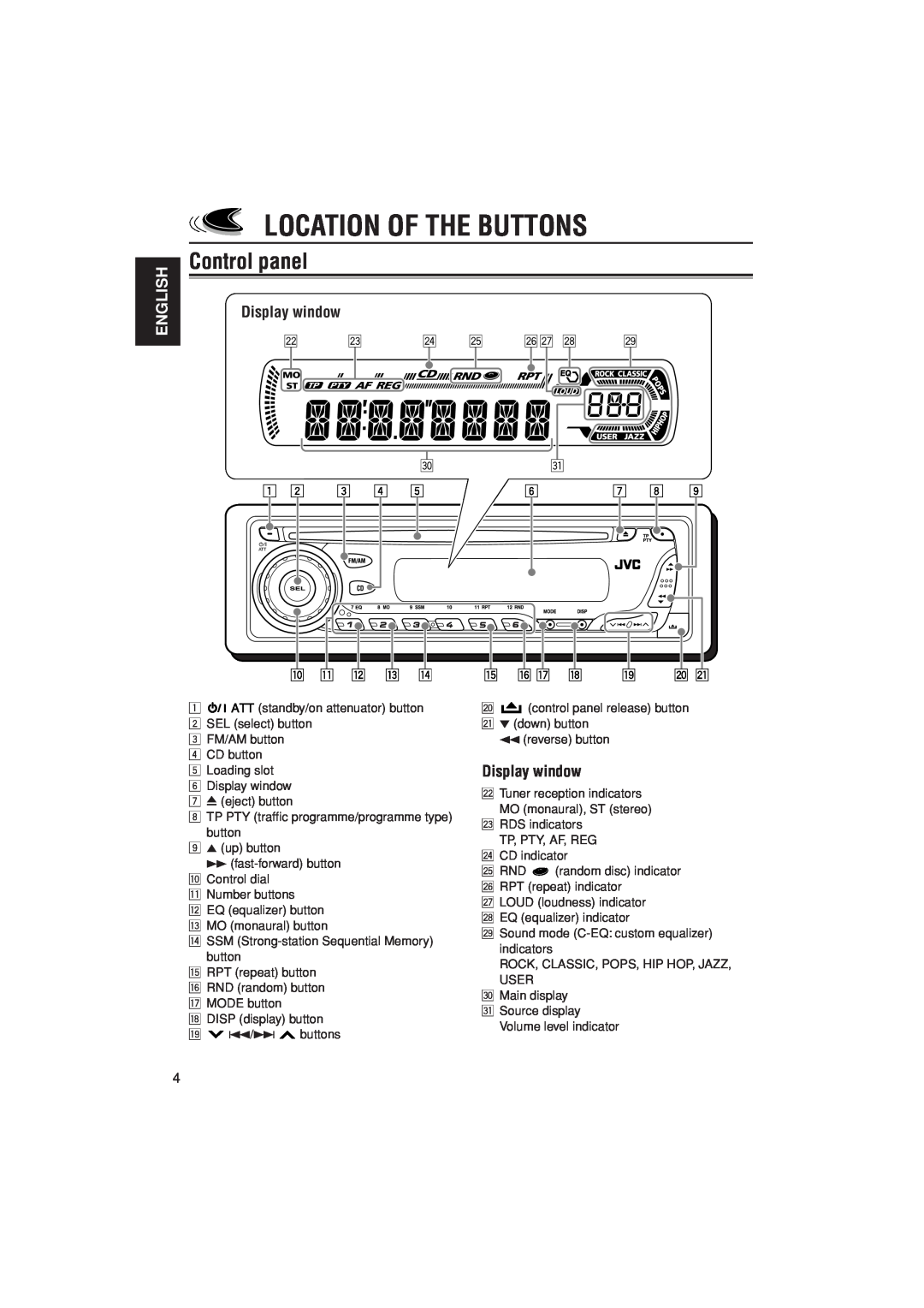 JVC KD-G202, KD-G201 manual Location Of The Buttons, Control panel, Display window, English 