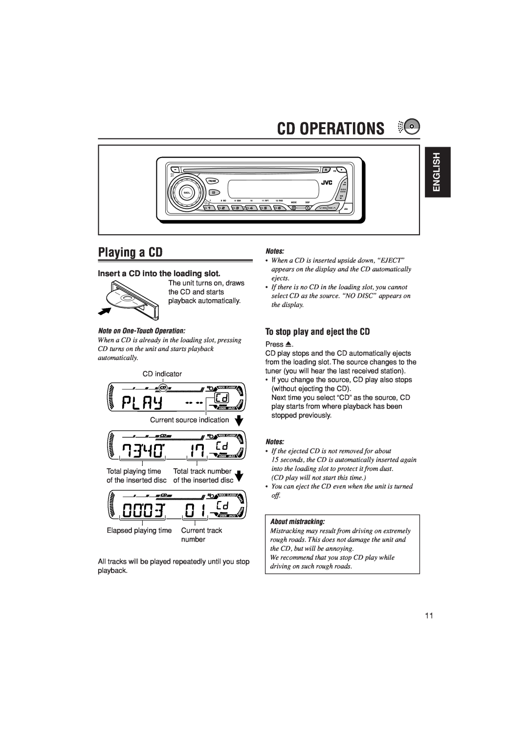 JVC KD-G201 manual Cd Operations, Playing a CD, English, To stop play and eject the CD, Insert a CD into the loading slot 