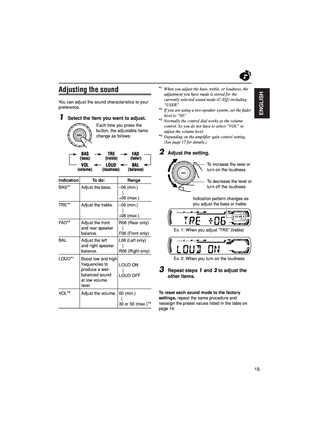 JVC KD-G201 Adjusting the sound, English, Select the item you want to adjust, Adjust the setting, bass, volume, Indication 