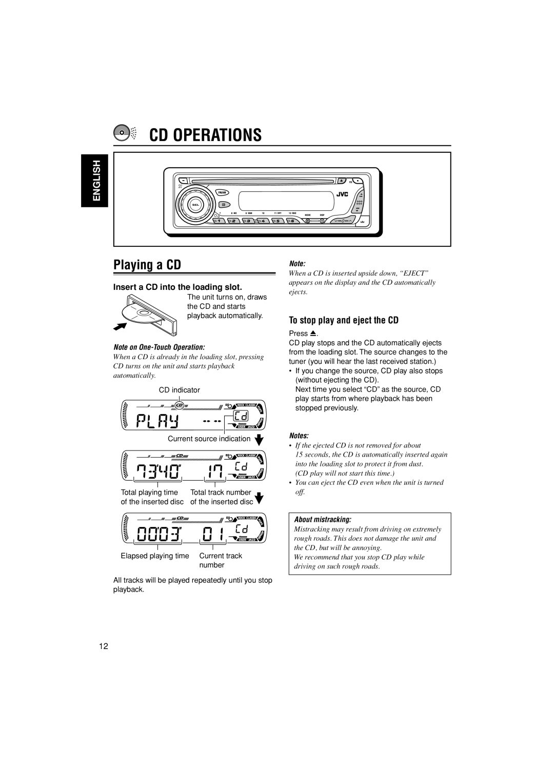 JVC KD-G205 manual CD Operations, Playing a CD, To stop play and eject the CD, Insert a CD into the loading slot 