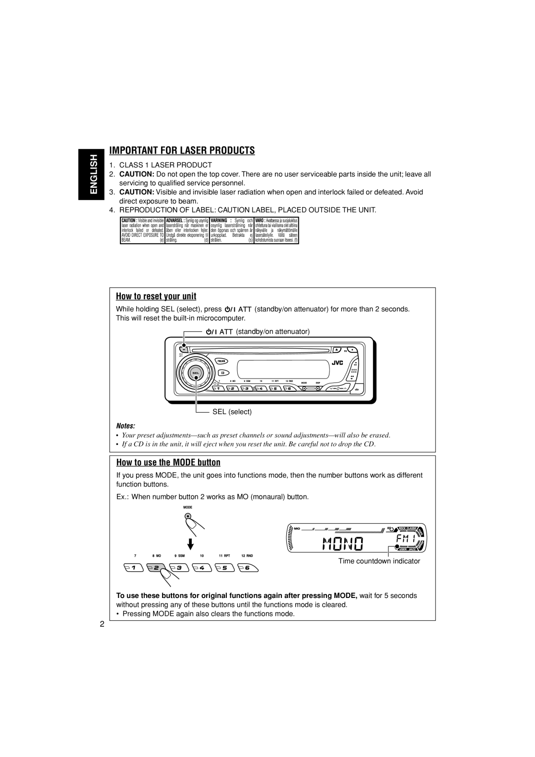 JVC KD-G205 manual How to reset your unit, How to use the Mode button 