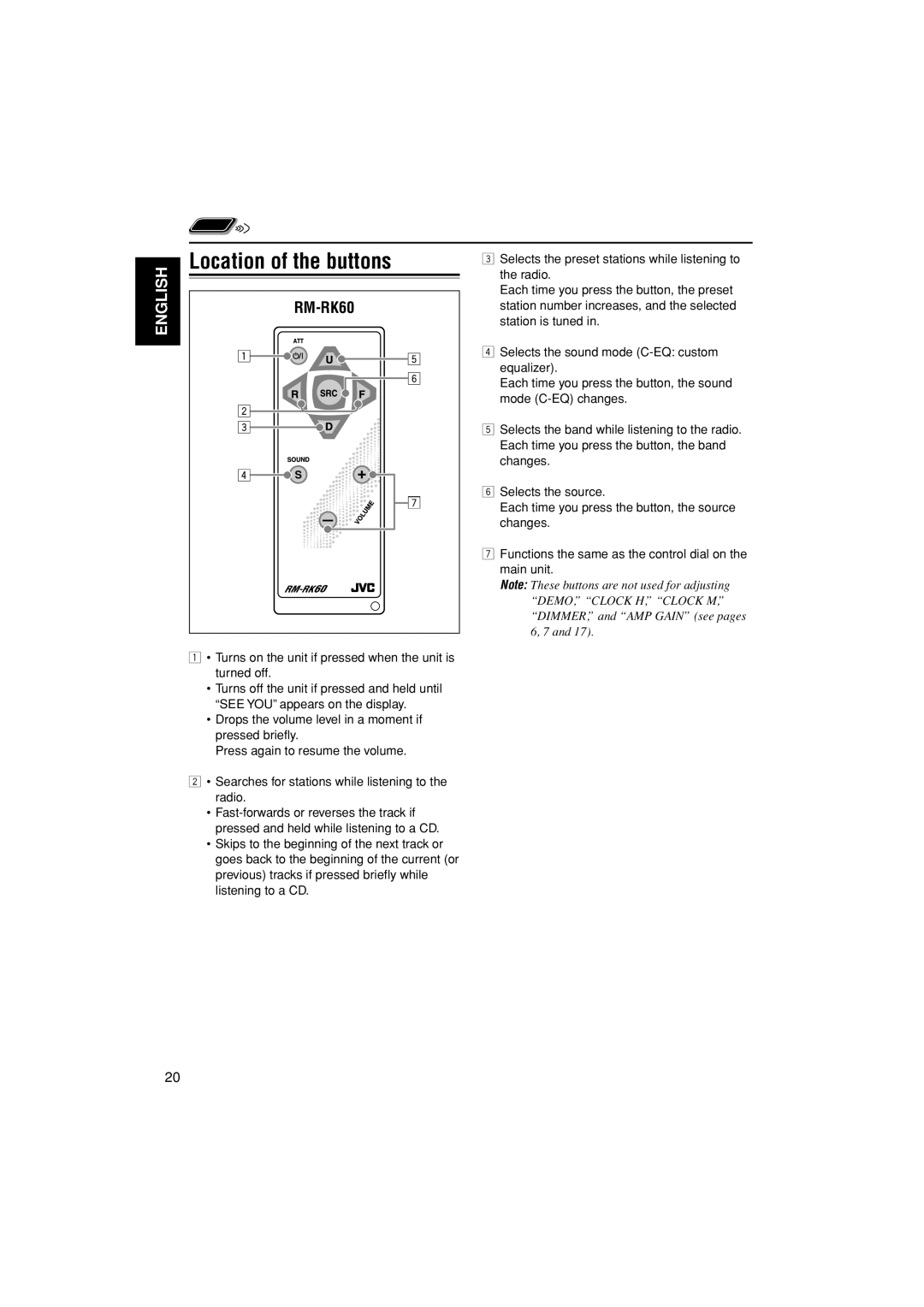 JVC KD-G205 manual Location of the buttons 