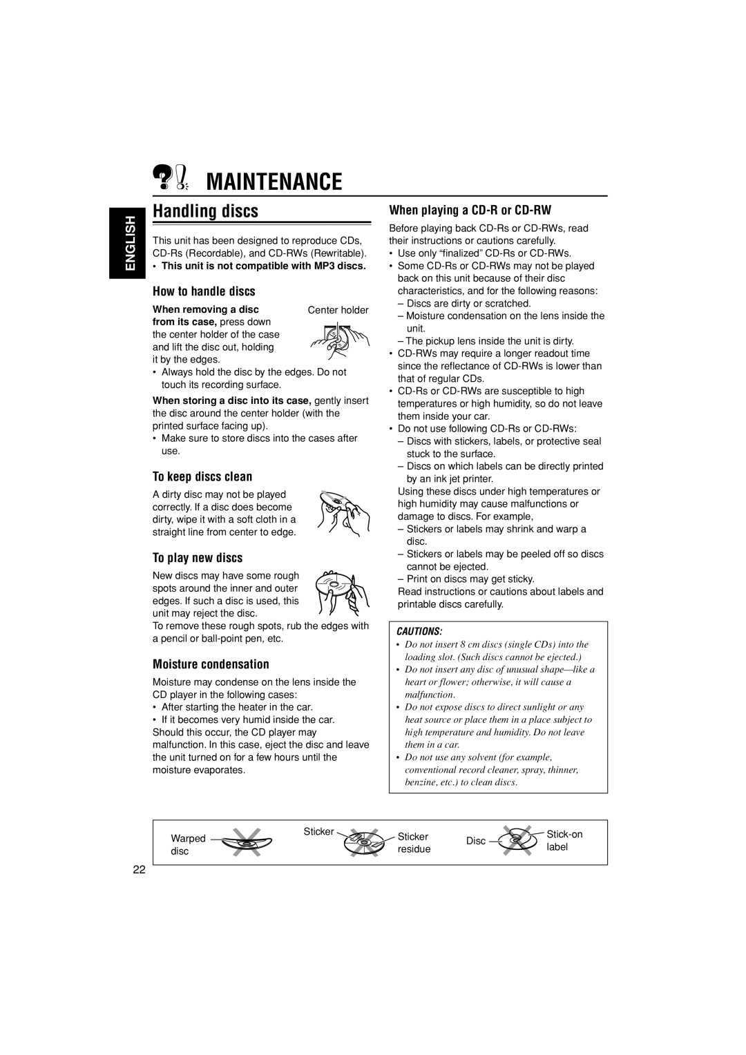 JVC KD-G205 manual Maintenance, Handling discs 