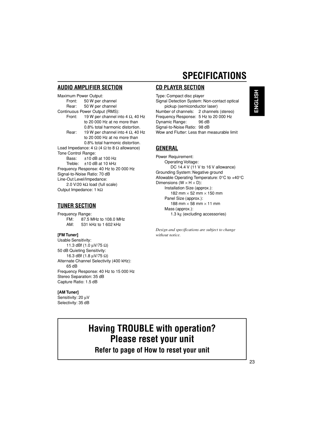 JVC KD-G205 manual Specifications, Refer to page of How to reset your unit, AM Tuner 