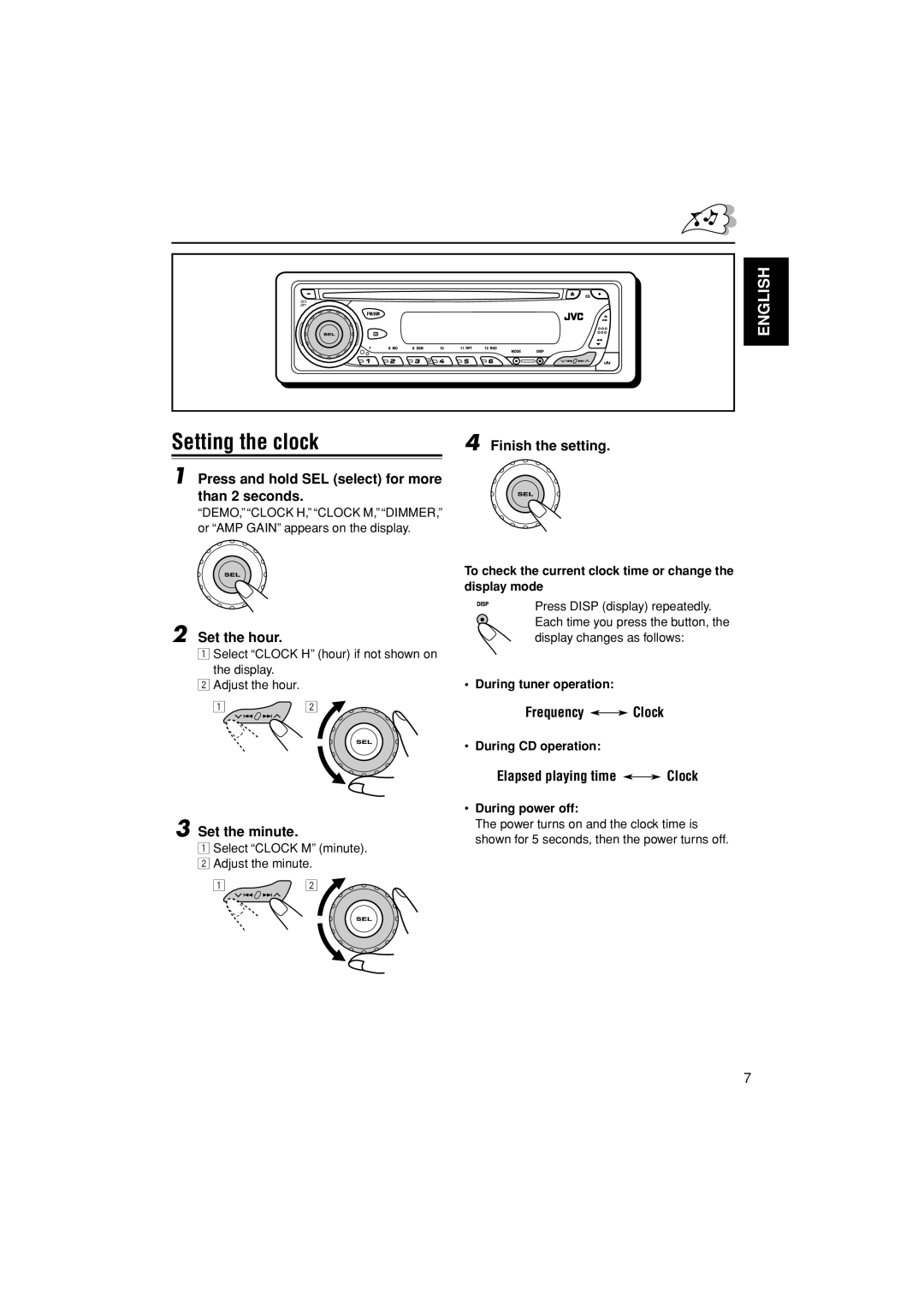 JVC KD-G205 manual Setting the clock, Set the hour, Set the minute, Frequency Clock, Elapsed playing time Clock 