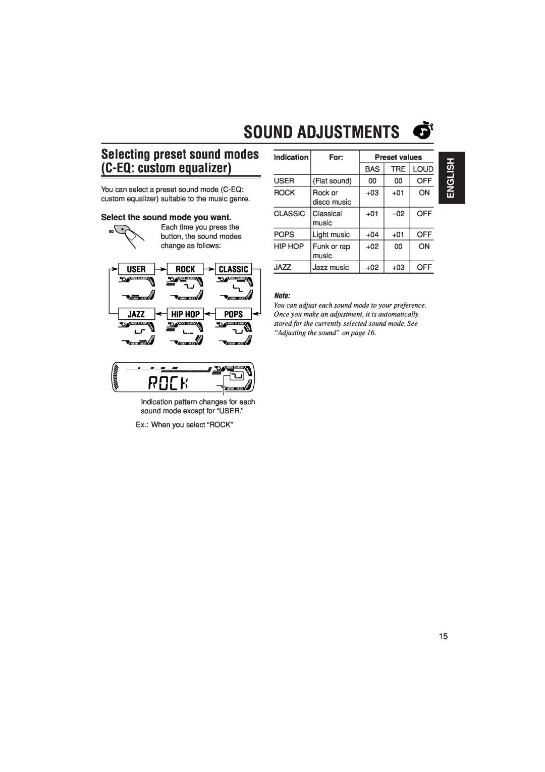 JVC KD-G205 manual Sound Adjustments, Select the sound mode you want, User Rock Classic, Jazz, Hip Hop, Pops, Indication 