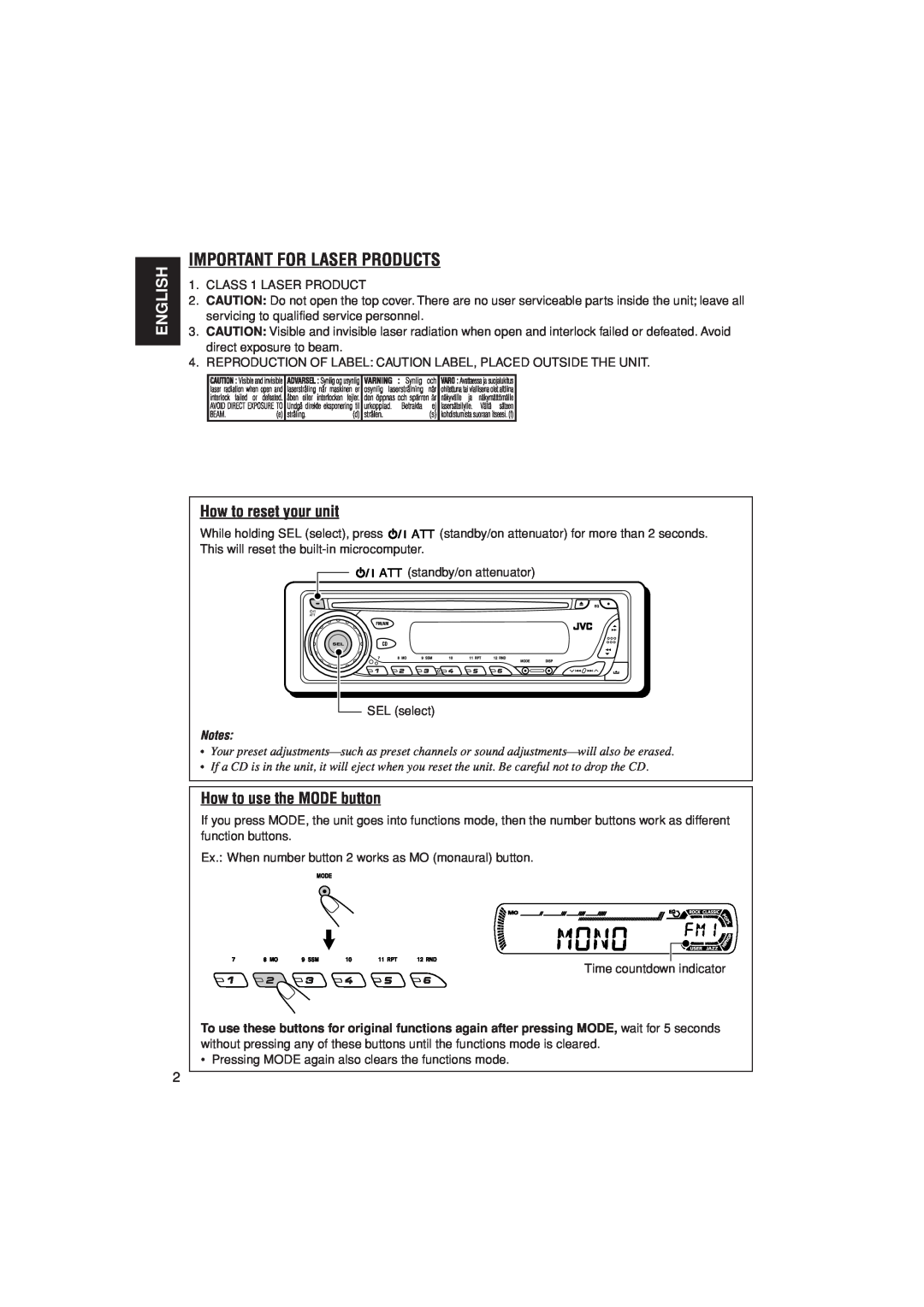 JVC KD-G205 manual Important For Laser Products, English, How to reset your unit, How to use the MODE button 