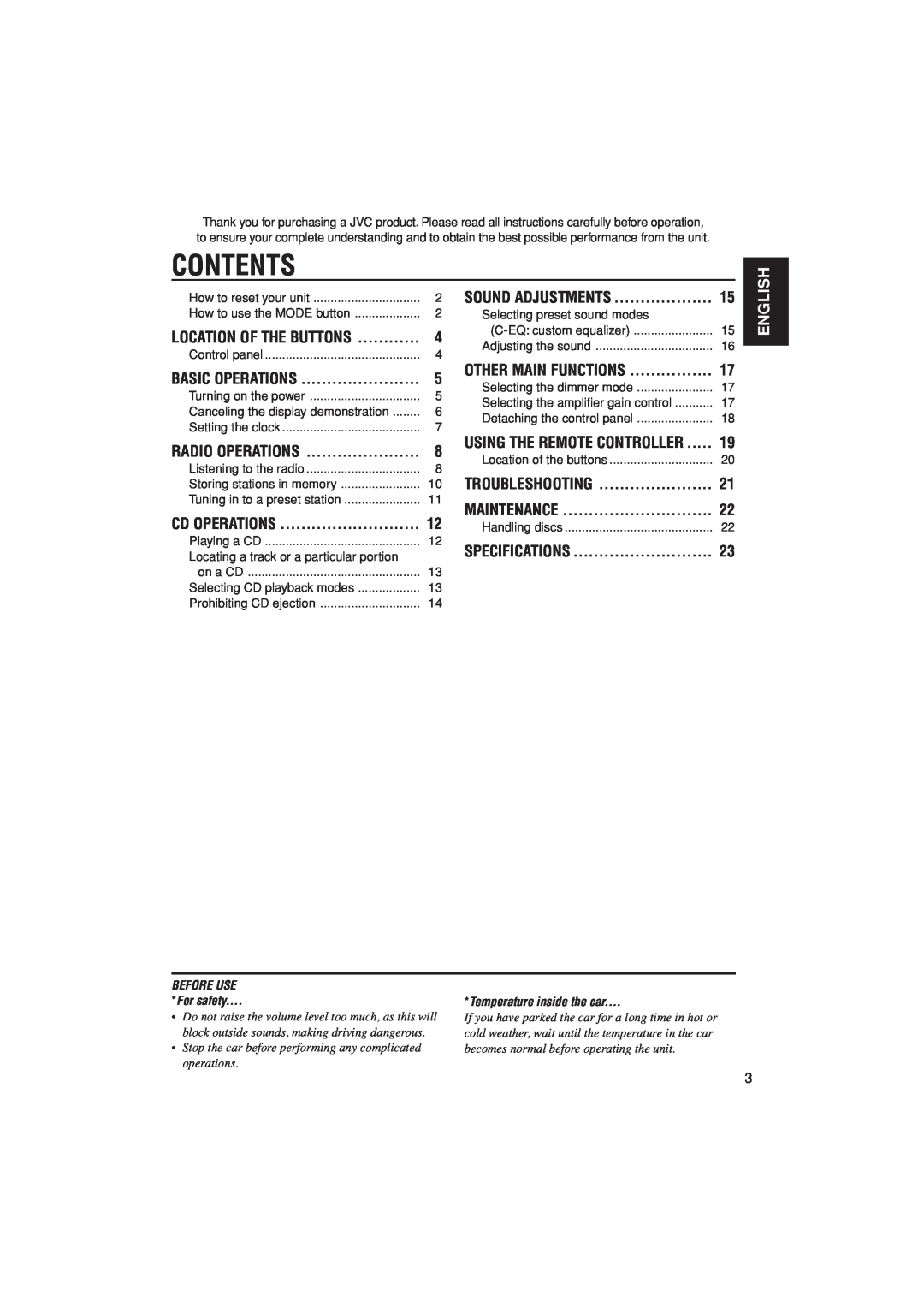 JVC KD-G205 manual Contents, English, Maintenance 
