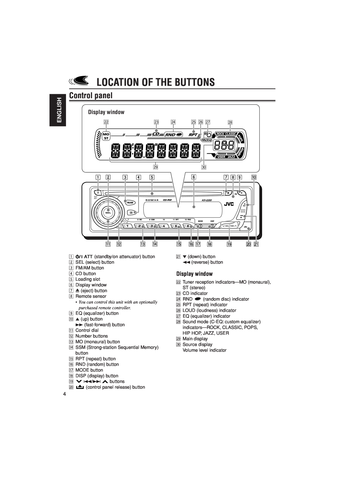 JVC KD-G205 manual Location Of The Buttons, Control panel, English, Display window 