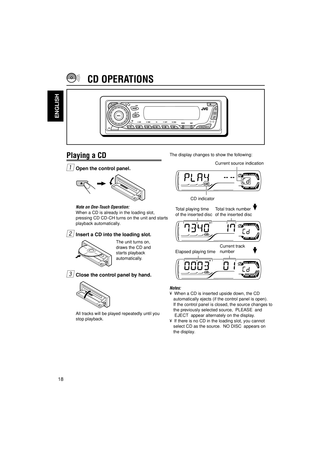 JVC KD-G301, KD-G302 manual CD Operations, Playing a CD, Open the control panel, Insert a CD into the loading slot 