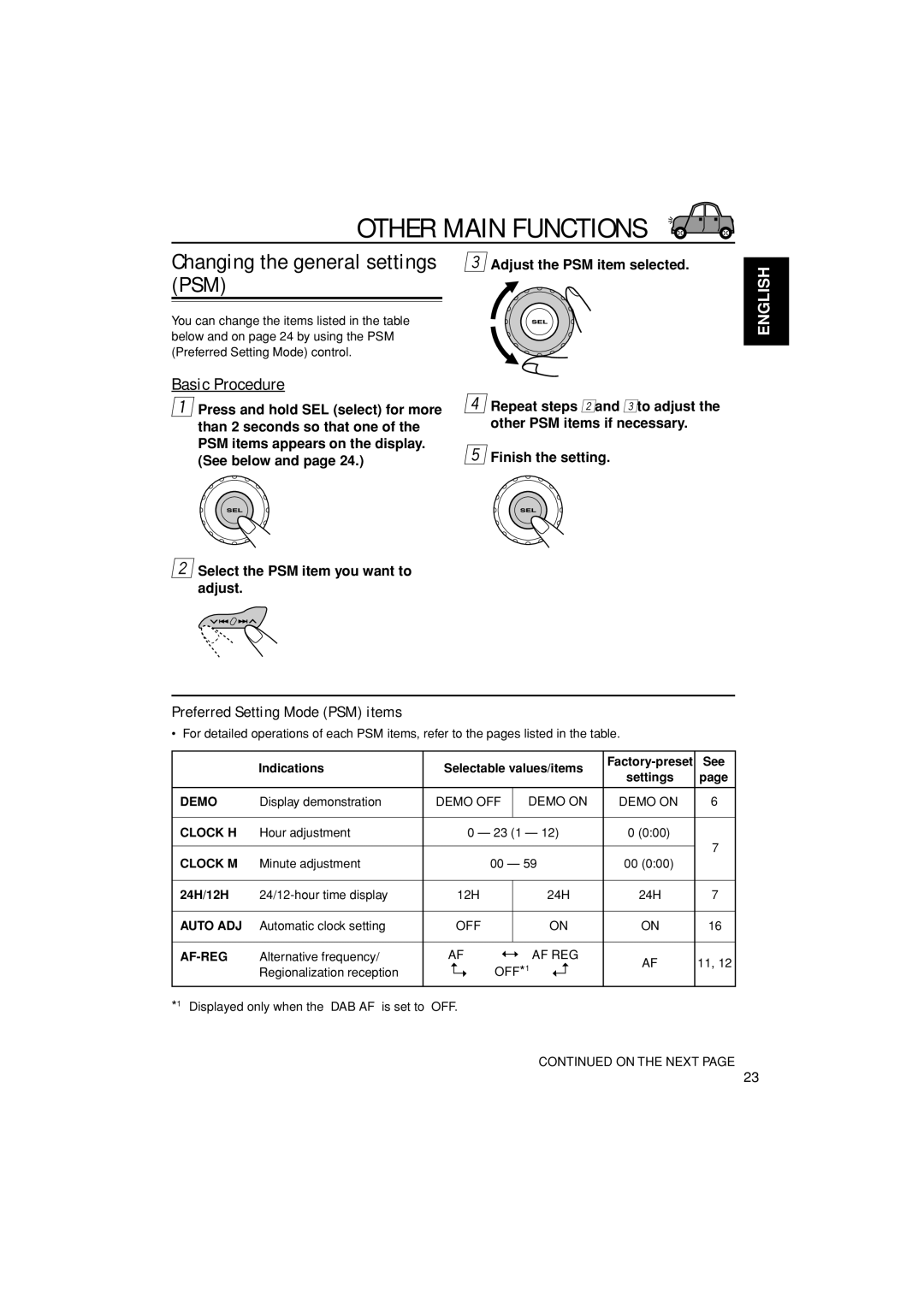 JVC KD-G302, KD-G301 manual Other Main Functions, Basic Procedure, Preferred Setting Mode PSM items 