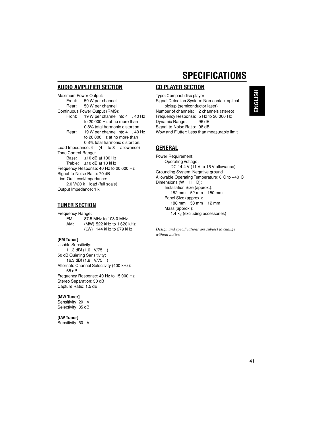 JVC KD-G302, KD-G301 manual Specifications, FM Tuner, MW Tuner, LW Tuner 