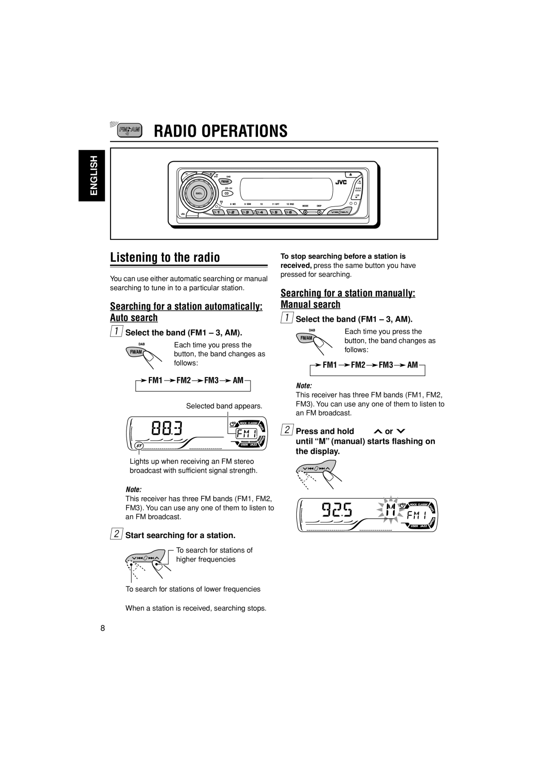 JVC KD-G301, KD-G302 manual Radio Operations, Listening to the radio, Searching for a station automatically Auto search 