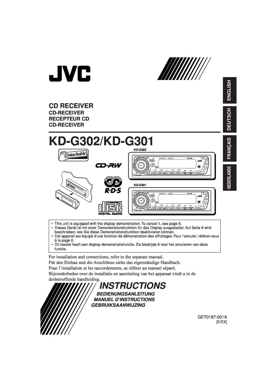 JVC manual Cd Receiver, Cd-Receiver Recepteur Cd Cd-Receiver, English Deutsch, KD-G302/KD-G301, Instructions 