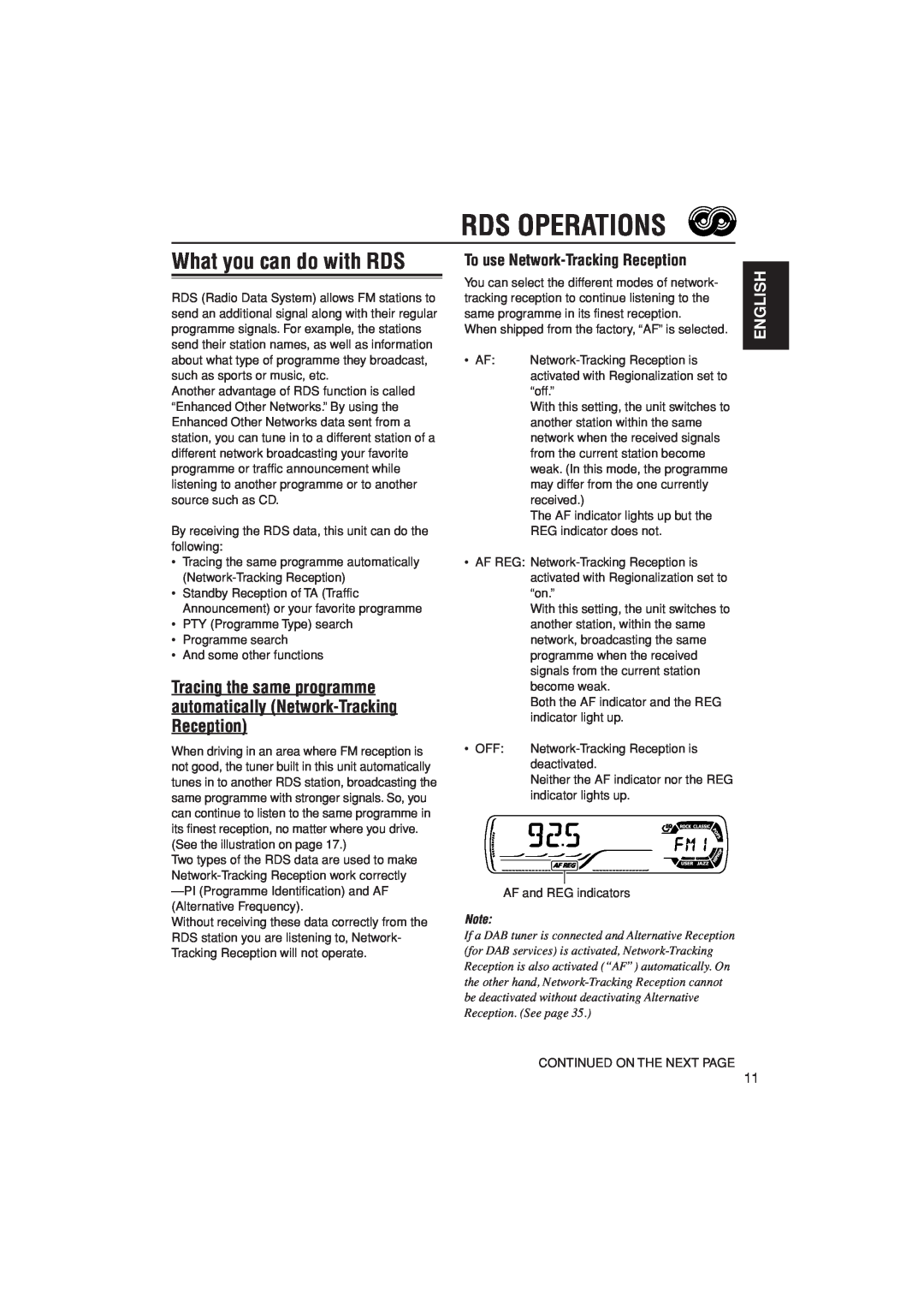 JVC KD-G302, KD-G301 manual Rds Operations, What you can do with RDS, To use Network-TrackingReception, English 