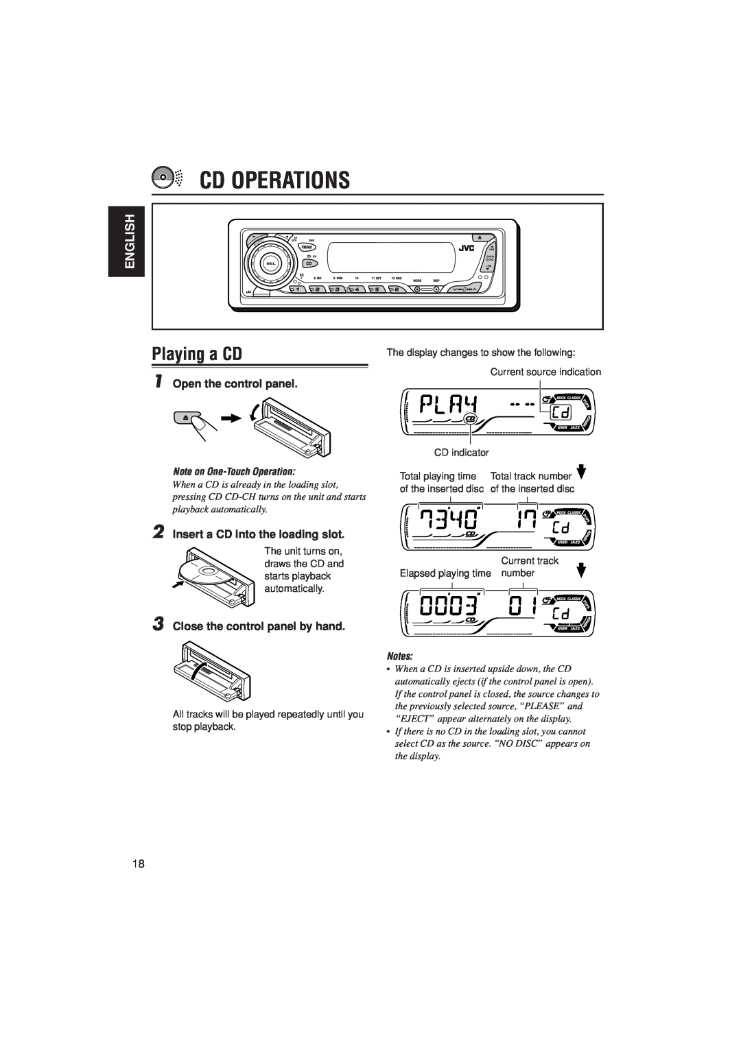 JVC KD-G301, KD-G302 manual Cd Operations, Playing a CD, English, Note on One-TouchOperation 