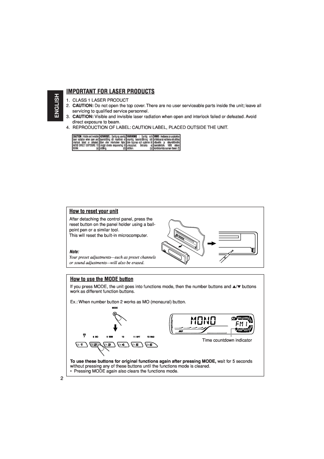 JVC KD-G301, KD-G302 manual Important For Laser Products, English, How to reset your unit, How to use the MODE button 