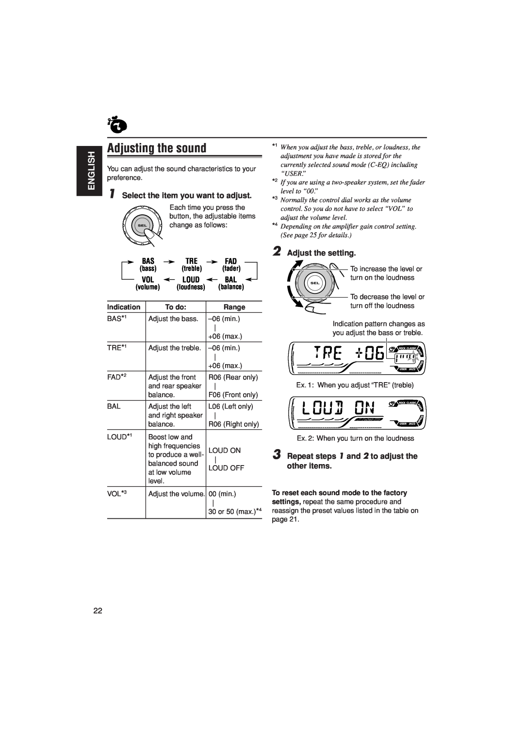 JVC KD-G301, KD-G302 manual Adjusting the sound, English, Indication, To do, Range, To reset each sound mode to the factory 