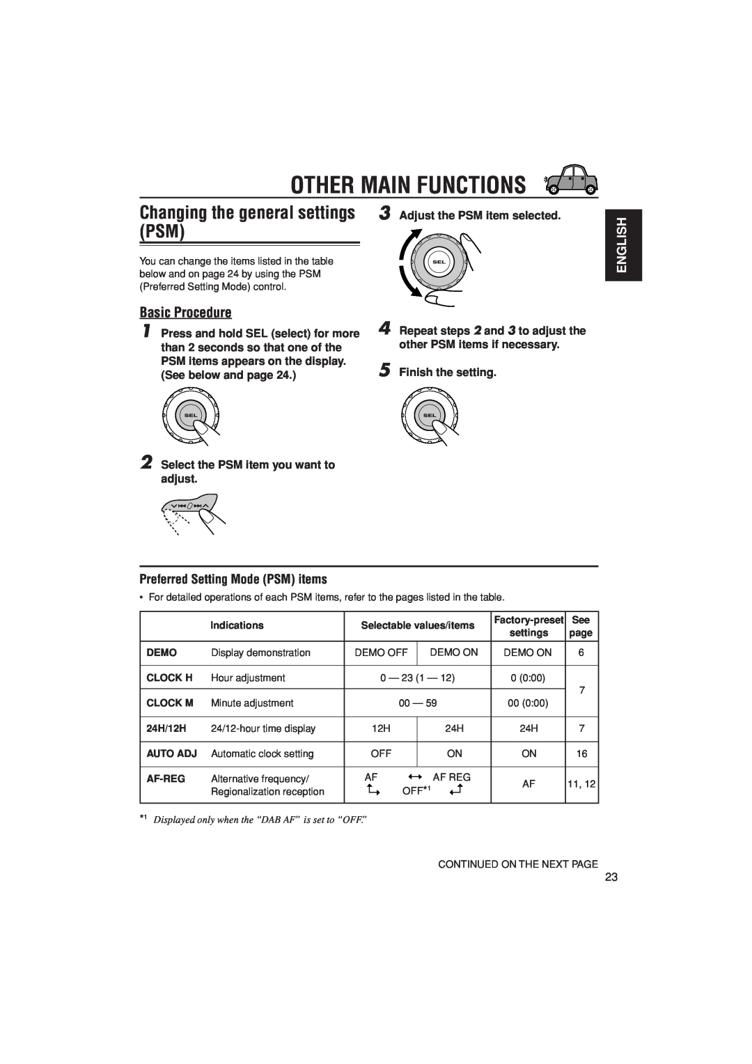 JVC KD-G302, KD-G301 manual Other Main Functions, Basic Procedure, Preferred Setting Mode PSM items, English 