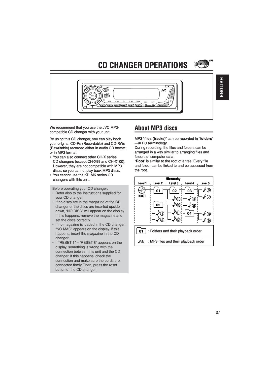 JVC KD-G302, KD-G301 manual Cd Changer Operations, About MP3 discs, English, Hierarchy 