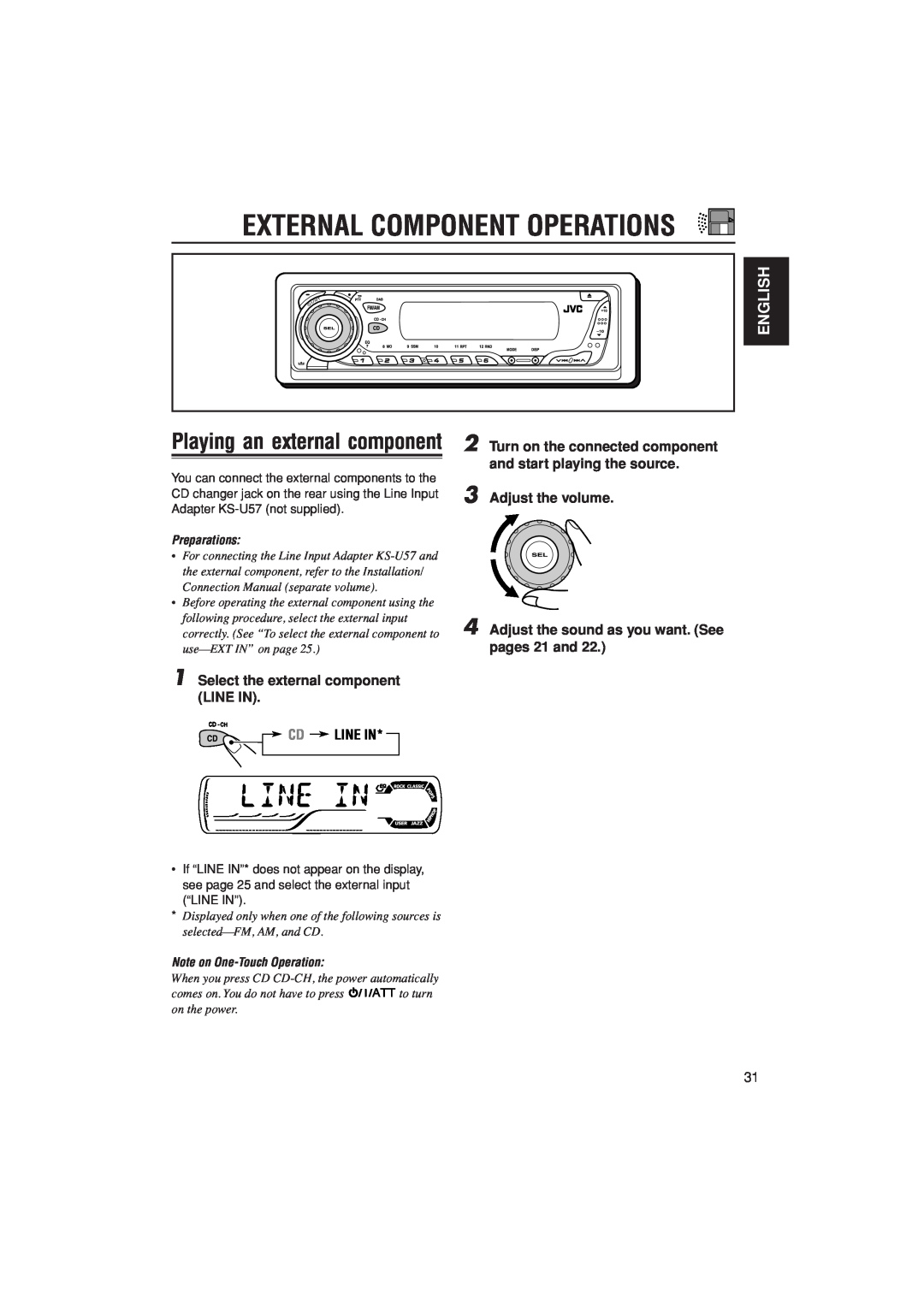 JVC KD-G302, KD-G301 manual External Component Operations, Playing an external component, English, Preparations 