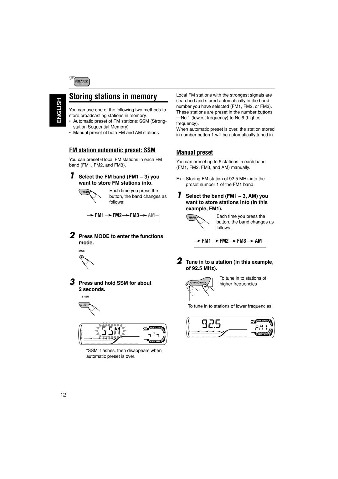 JVC KD-G305 manual Storing stations in memory, FM station automatic preset SSM, Manual preset 