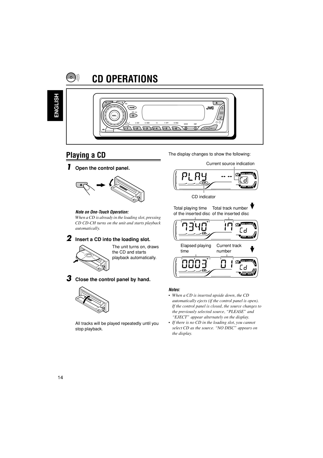 JVC KD-G305 manual CD Operations, Playing a CD, Open the control panel, Insert a CD into the loading slot 