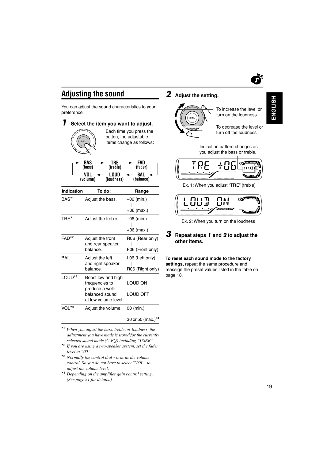 JVC KD-G305 manual Adjusting the sound, Adjust the setting, Select the item you want to adjust 