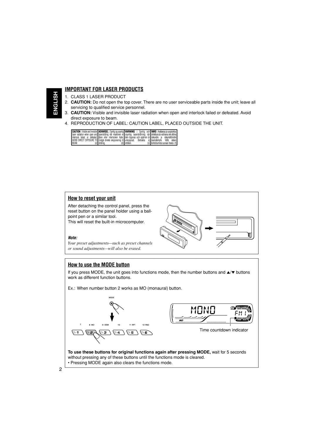 JVC KD-G305 manual How to reset your unit, How to use the Mode button 