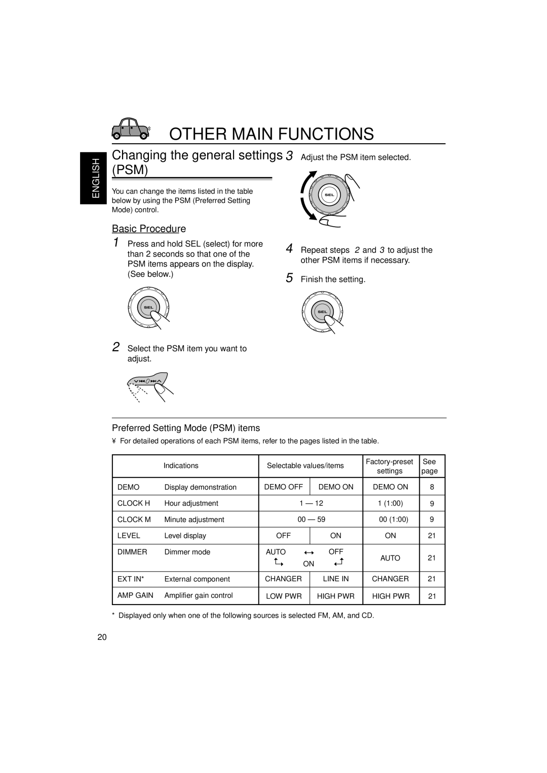 JVC KD-G305 Other Main Functions, Changing the general settings PSM, Basic Procedure, Preferred Setting Mode PSM items 