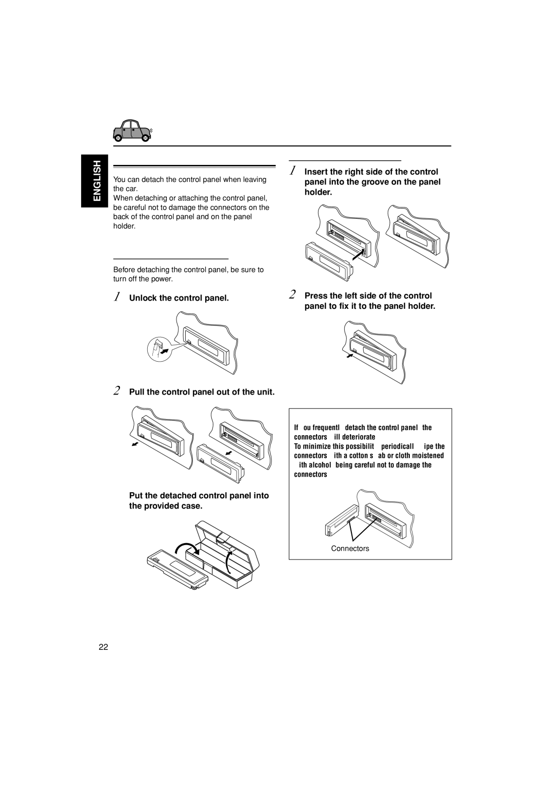 JVC KD-G305 manual Detaching the control panel, Attaching the control panel 