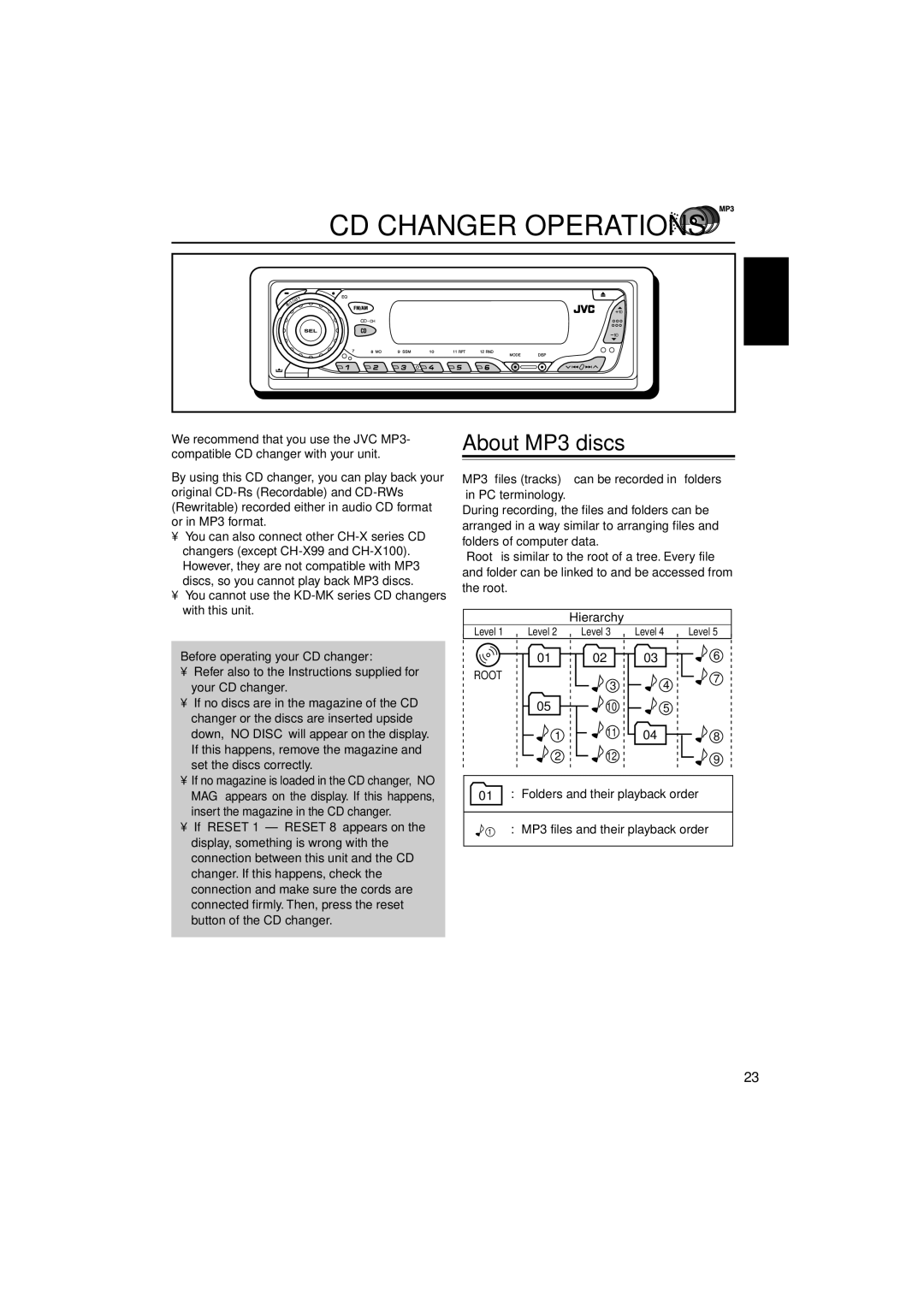 JVC KD-G305 manual CD Changer Operations, About MP3 discs, Hierarchy 