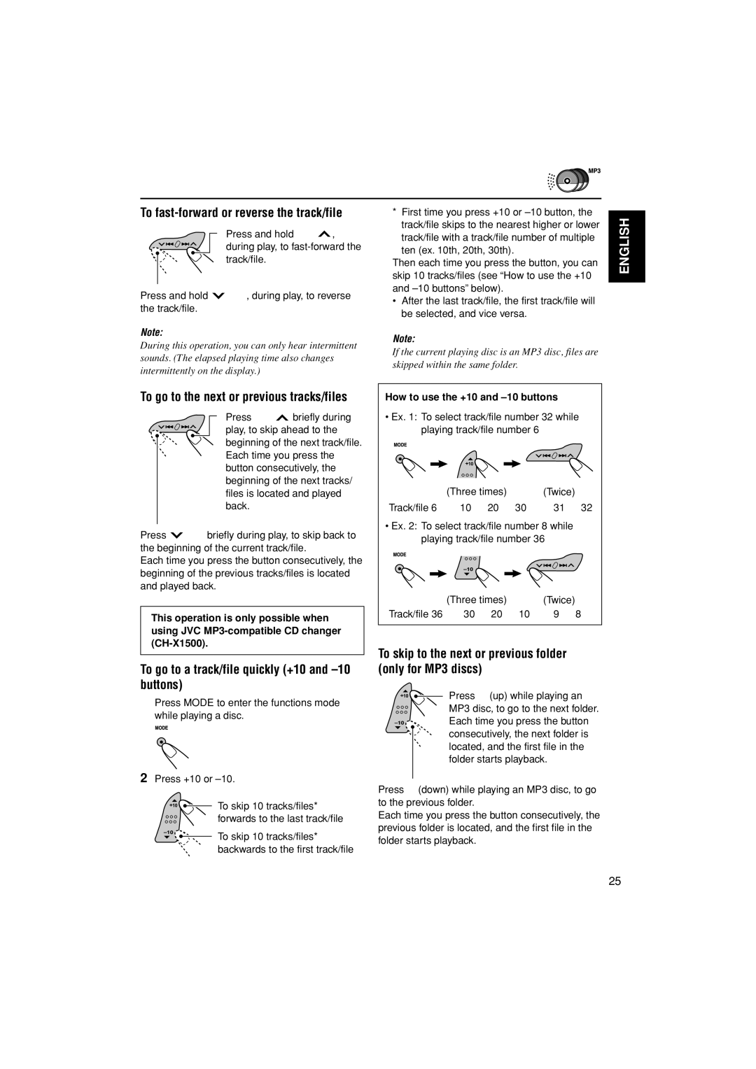 JVC KD-G305 manual To fast-forward or reverse the track/file, To go to a track/file quickly +10 and -10 buttons 