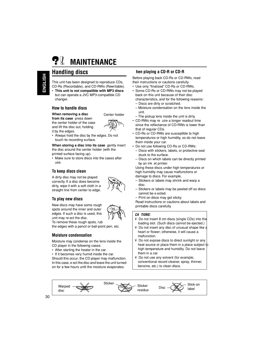 JVC KD-G305 manual Maintenance, Handling discs 