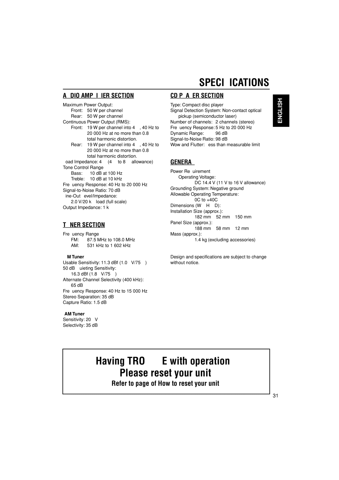 JVC KD-G305 manual Specifications, FM Tuner, AM Tuner 