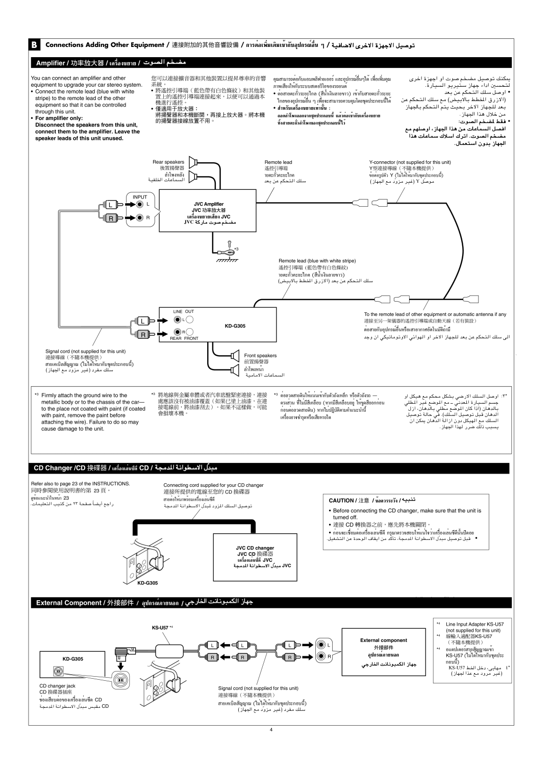 JVC KD-G305 manual JVC CD changer, KS-U57 *4, External component 