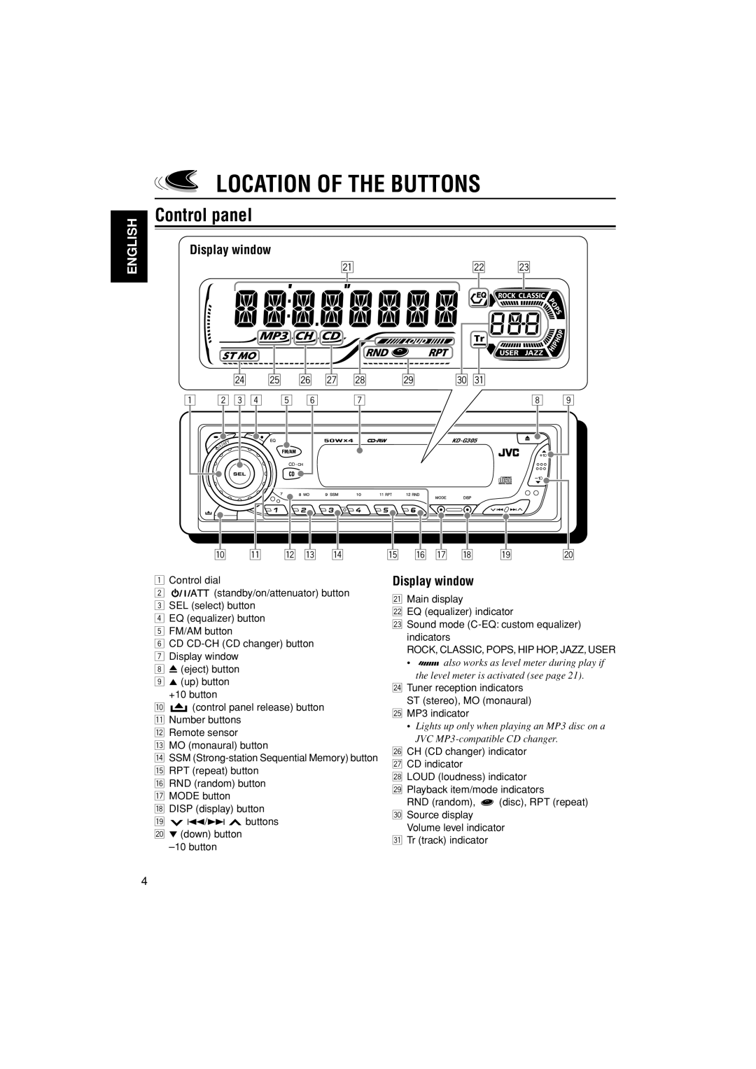 JVC KD-G305 manual Location of the Buttons, Control panel, Display window 