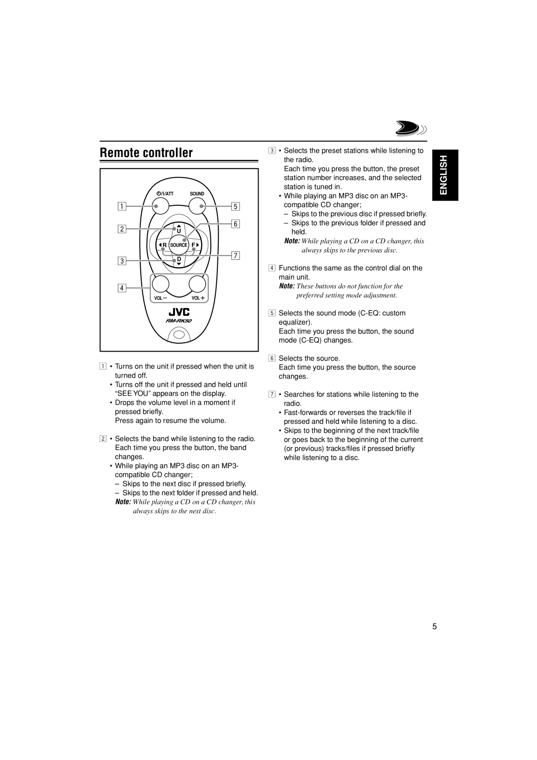 JVC KD-G305 manual Remote controller 