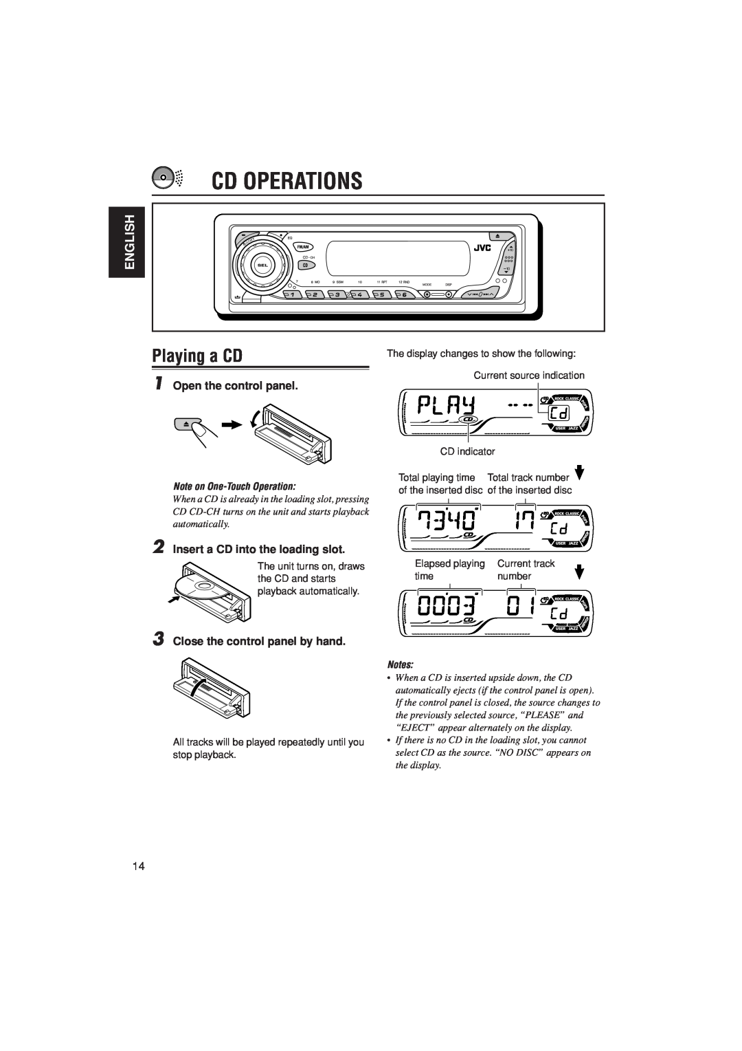 JVC KD-G305 manual Cd Operations, Playing a CD, English, Open the control panel, Insert a CD into the loading slot 