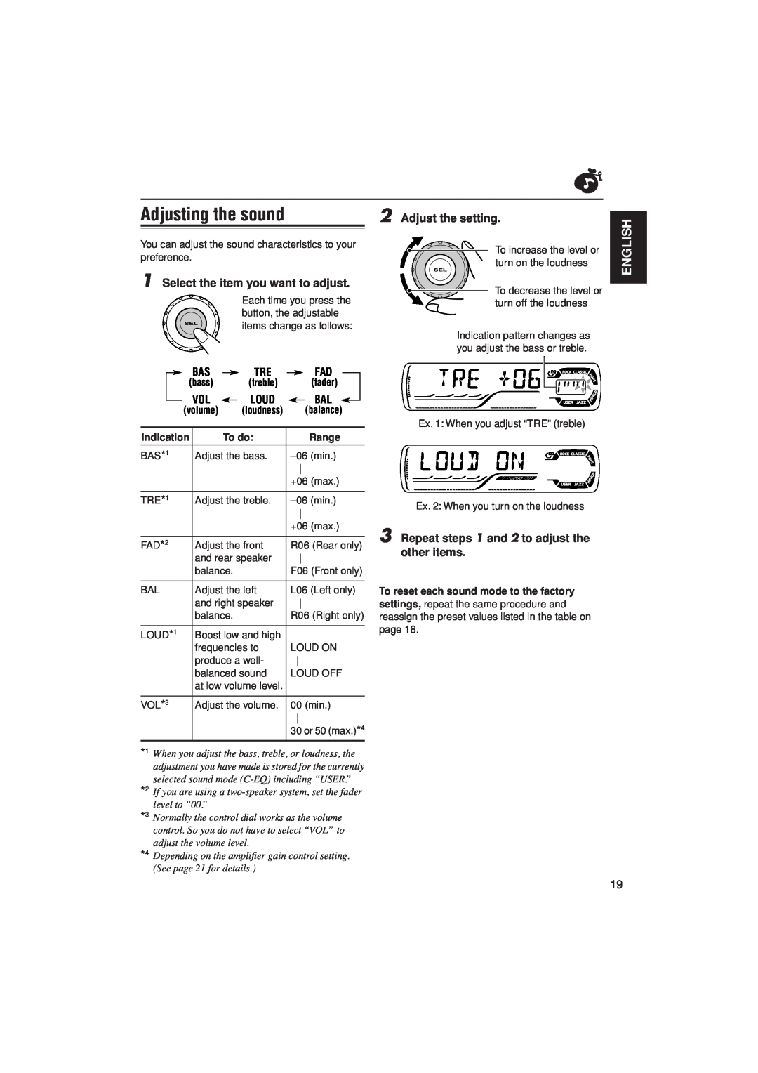 JVC KD-G305 manual Adjusting the sound, English, Adjust the setting, Select the item you want to adjust, Indication, To do 