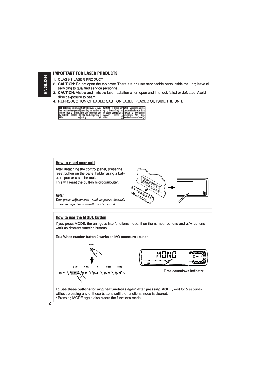 JVC KD-G305 manual English, Important For Laser Products, How to reset your unit, How to use the MODE button 