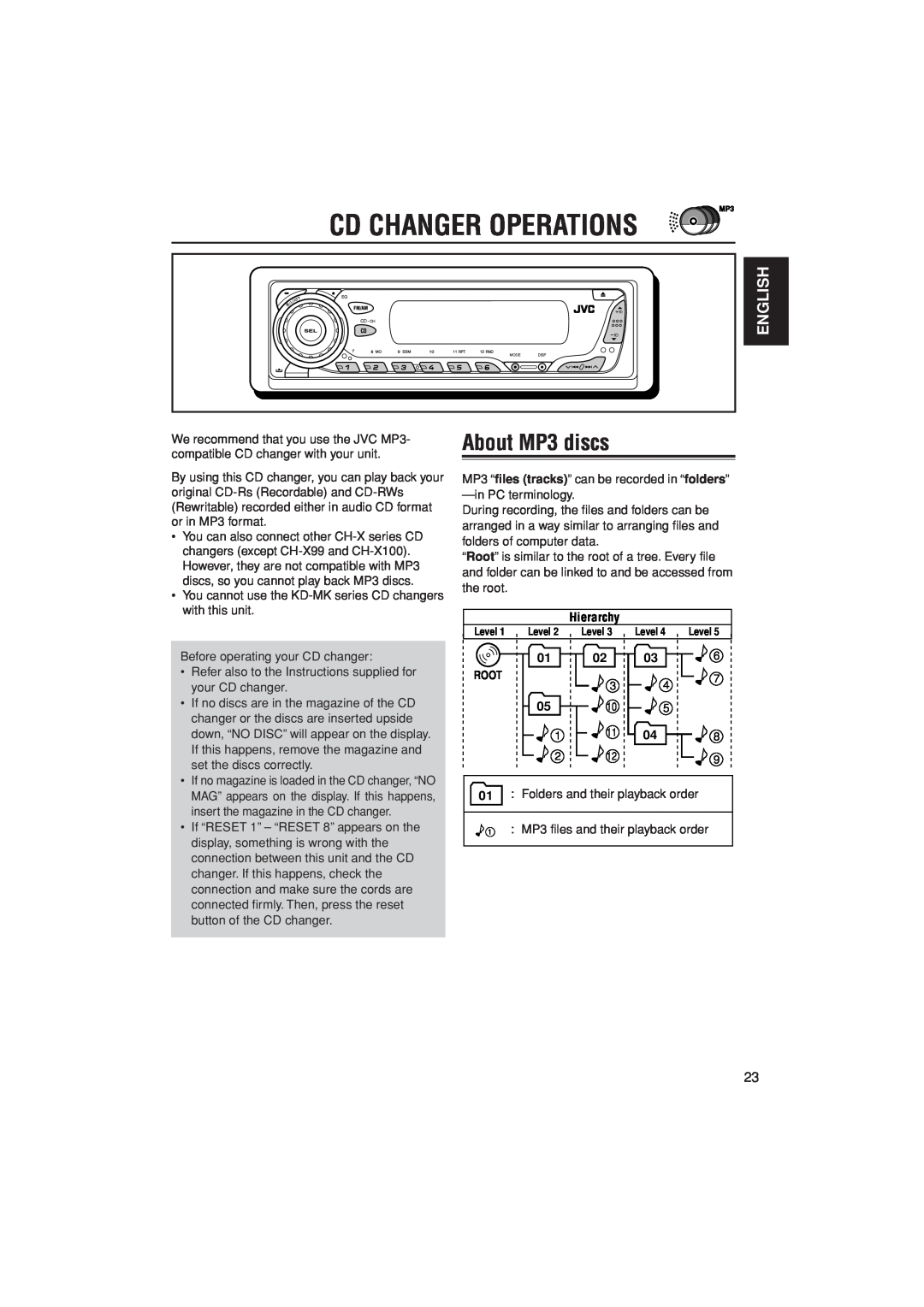 JVC KD-G305 manual Cd Changer Operations, About MP3 discs, English, Hierarchy 