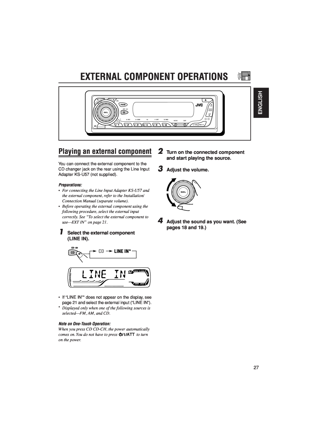 JVC KD-G305 External Component Operations, Playing an external component, English, Select the external component LINE IN 