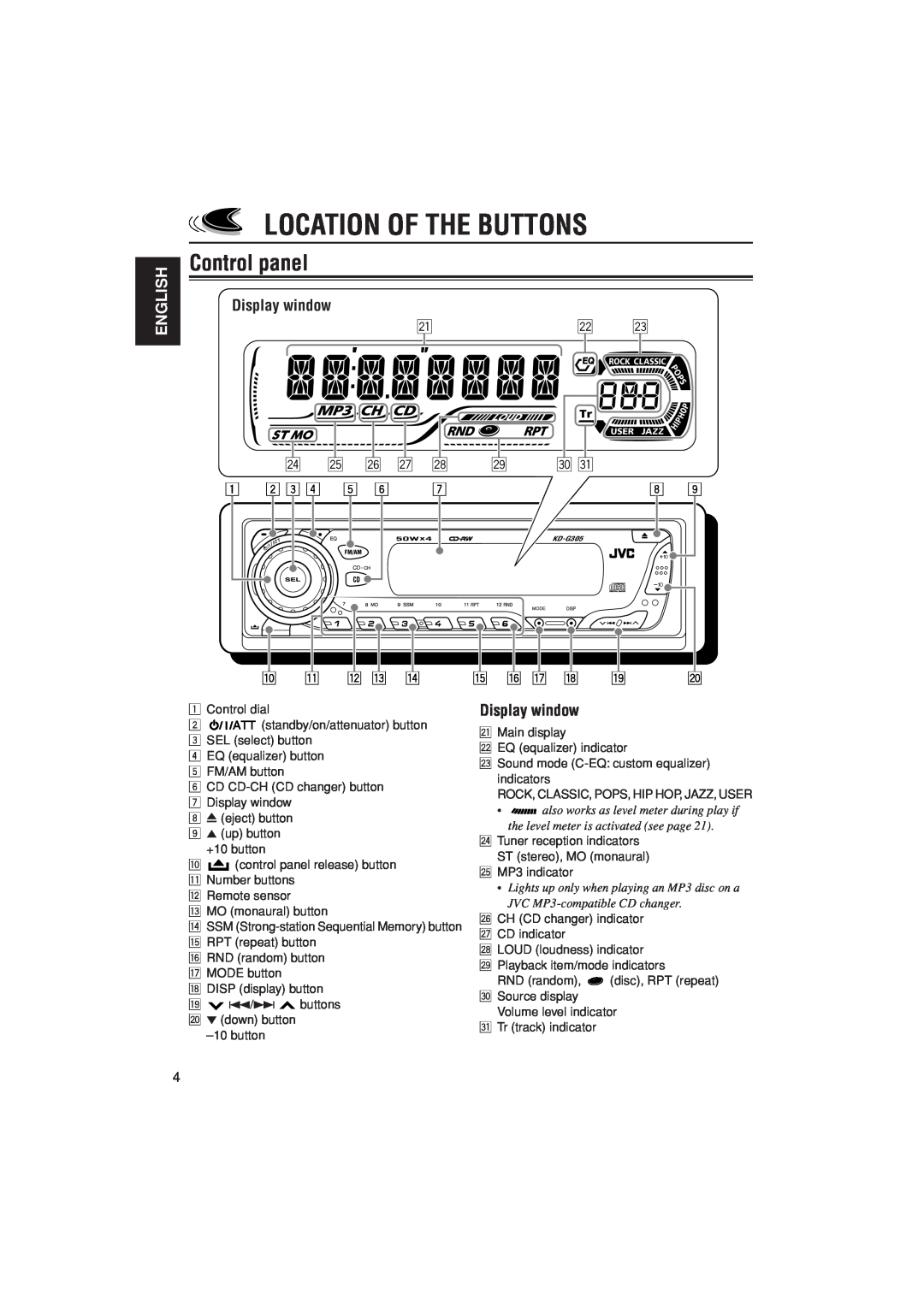 JVC KD-G305 manual Location Of The Buttons, Control panel, English, Display window 