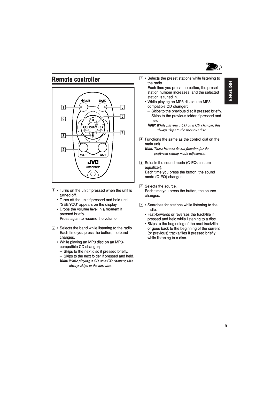 JVC KD-G305 manual Remote controller, English 