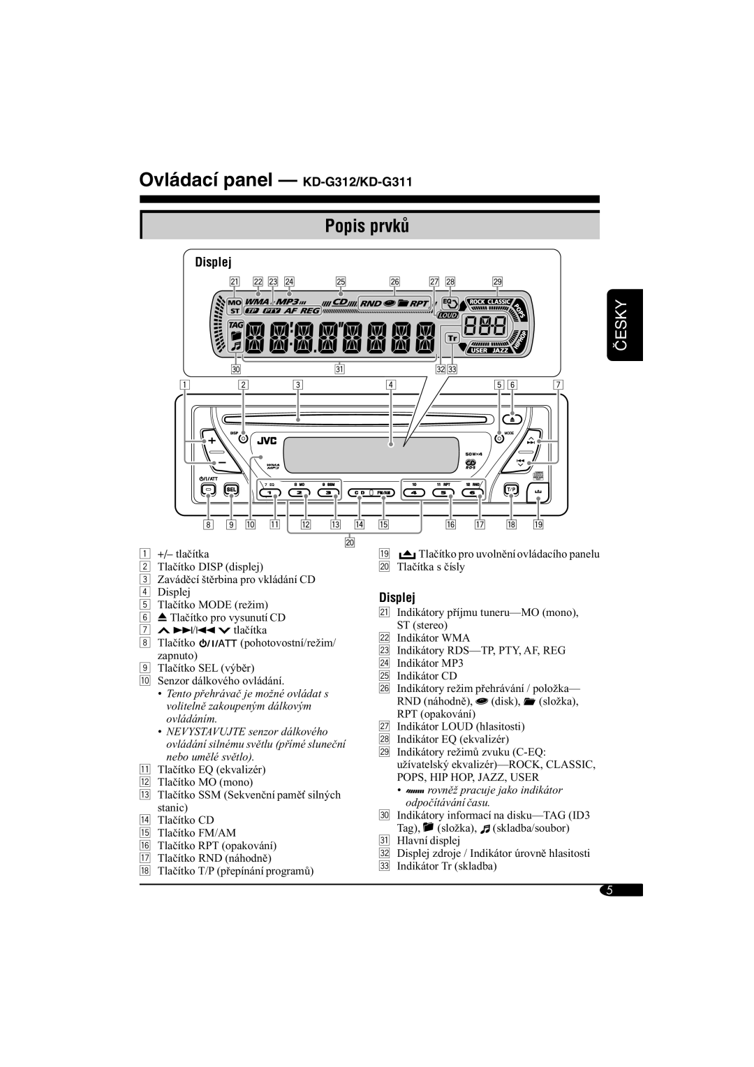 JVC manual Ovládací panel KD-G312/KD-G311, Popis prvkÛ, Displej 