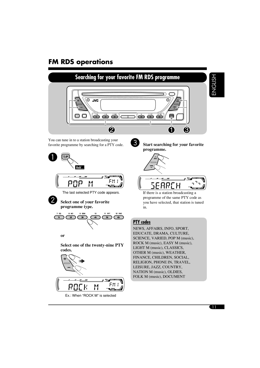 JVC KD-G417, KD-G317 manual FM RDS operations, PTY codes, Start searching for your favorite programme 