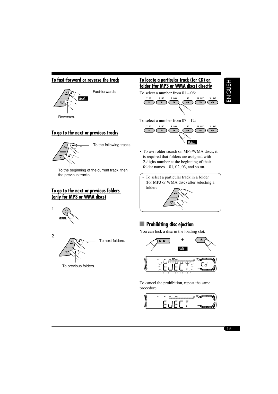 JVC KD-G417, KD-G317 manual Prohibiting disc ejection, To fast-forward or reverse the track 