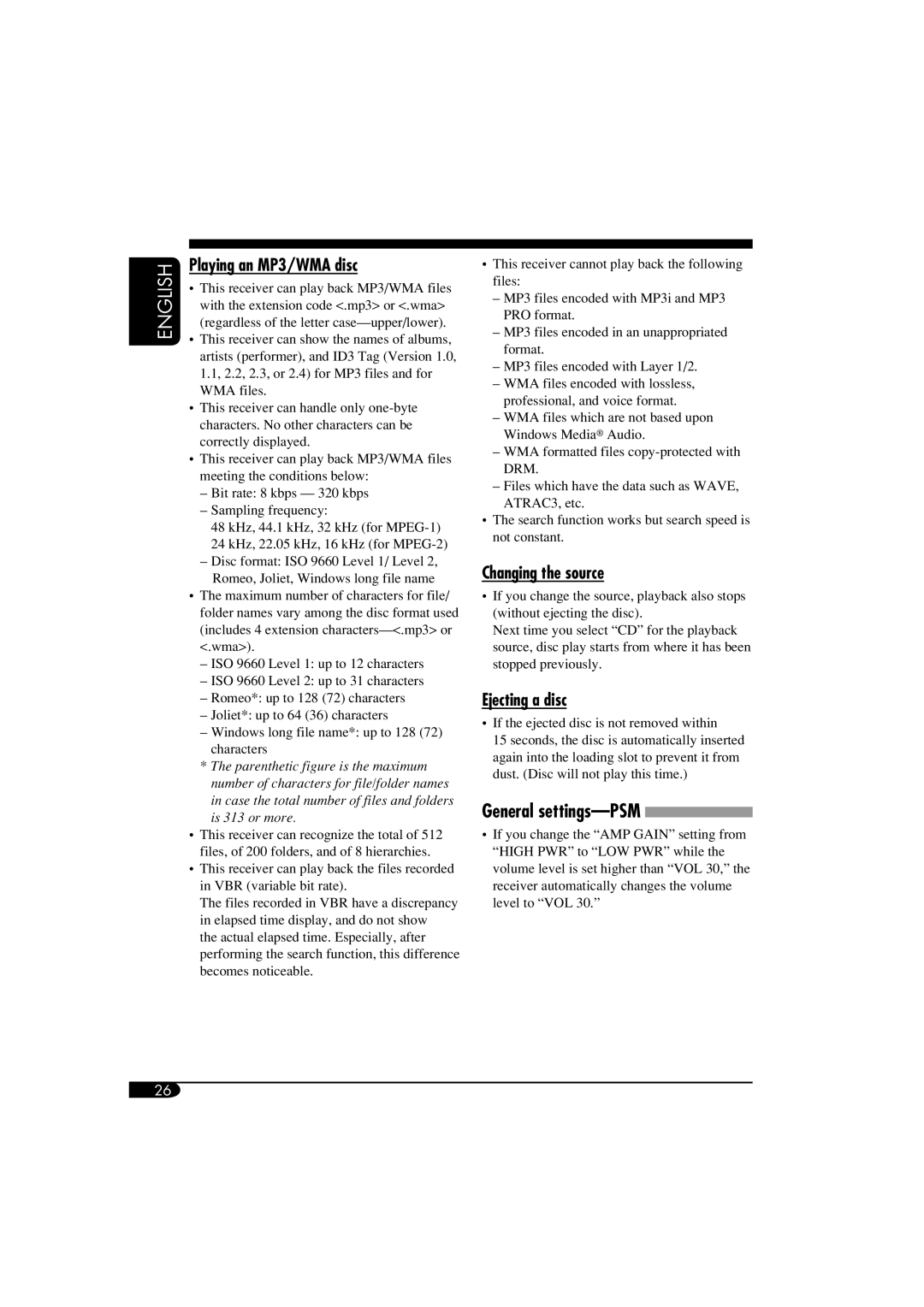 JVC KD-G317, KD-G417 manual General settings-PSM, Playing an MP3/WMA disc, Changing the source, Ejecting a disc 